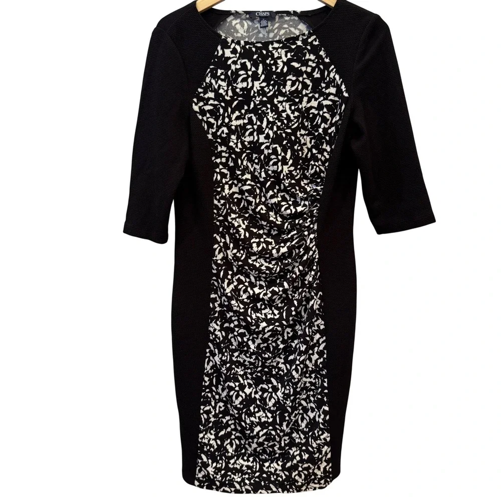 Chaps Women's Black White Abstract Print Ruched Sheath Dress Size 16‎